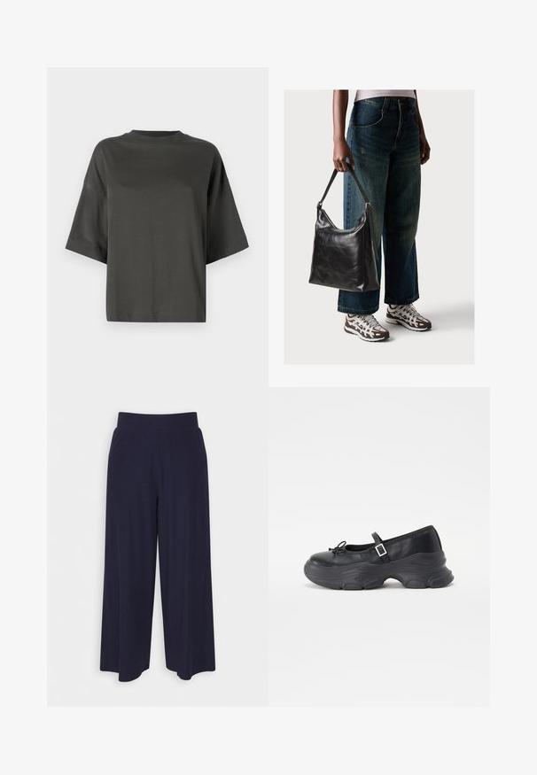 Krátký rukáv, tmavě šedé tričko vyrobené z měkké bavlny. Má kulatý výstřih a volný střih s překročenými rameny pro pohodlí.; Široké kalhoty z tmavě námořnické tkaniny s žebrovanou strukturou. Obsahují hladký pas a splývavý siluetu, dosahující délky po polovinu lýtek.; Černá kožená botička Mary Jane se zaoblenou špičkou, detailem mašle a nastavitelným páskem kolem kotníku. Disponuje chunky gumovou podrážkou s zakřivenými akcenty.; Černá kožená kabelka přes rameno se hladkým povrchem a nastavitelným popruhem, spárovaná s vybledlými džínami širokého střihu a sportovními teniskami.