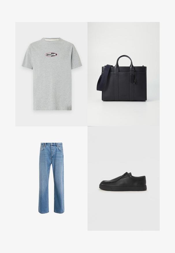 Pilka medvilninė trumpomis rankovėmis marškinėliai, su apvalia iškirpte ir išskirtiniu „GUESS JEANS" logotipu priekyje juodos ir raudonos spalvų, ant ovalo formos fono.; Šviesiai mėlyni džinsai su tiesiu kirpimu, penkios kišenės, mygtuko užsegimas, minimalus blukimas ir kontrastingi siuvimo detalės.; Juodos odinės supjamintus batelius su apvaliu pirštu, siuvinėtu akcentu ir juodu guminiu padu. Lygus tekstūra su minimalistišku dizainu.; Tamsiai mėlynas odinis portfelis su dviem viršutinėmis rankenomis ir nuimamu diržu. Yra tekstūruotas paviršius, vertikalios siūlės ir logotipo detalė.