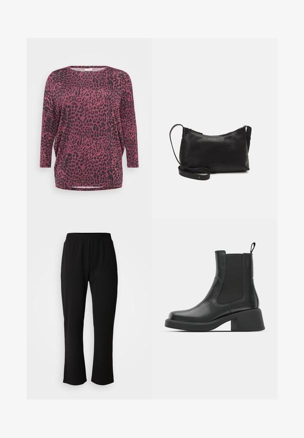 Top com padrão de leopardo em rosa escuro e preto. Corte solto, com mangas longas e decote redondo. Tecido macio com uma textura suave.; ONLY Carmakoma CARLAMA STRAIGHT - Calças - black; Botas de tornozelo em couro preto com painéis laterais elásticos, biqueira arredondada e salto robusto em bloco. Textura suave com um design minimalista.; Bolsa de ombro em pele preta com textura suave, forma curva, alça ajustável e fecho com zip. Design minimalista sem adornos.