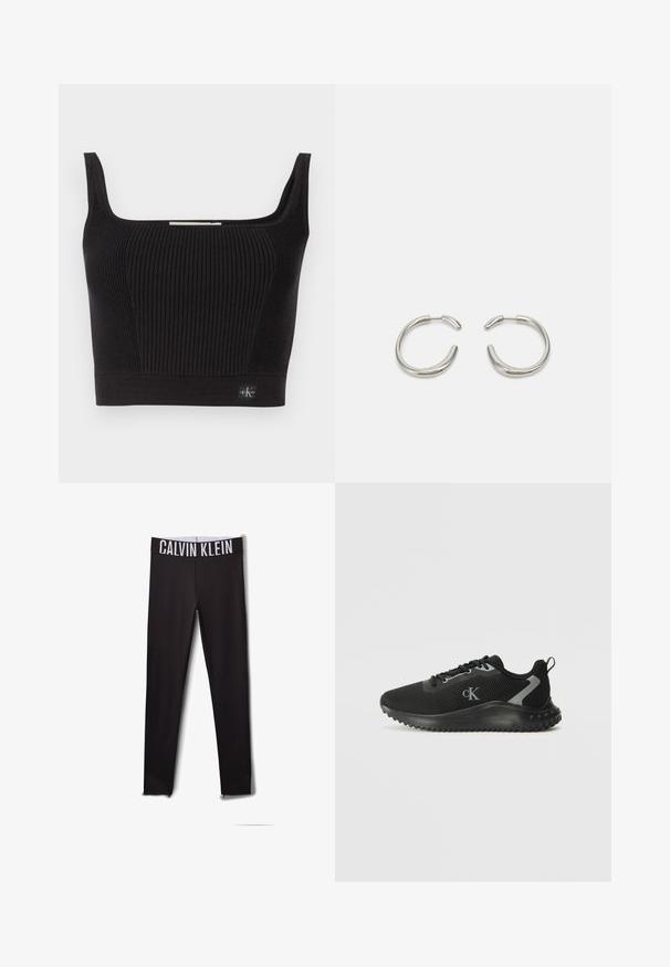 Melna ribota topa uzgaļa ar platām siksnām, kvadrātveida kakla izgriezumu un pieguļošu dizainu. Iespējots neliels logo uzlīmes uz apakšējās kreisās malas.; Melni legingi ar balto "CALVIN KLEIN" logotipu jostasvietā. Gluda auduma, pieguļoša piegriezuma, ar acu akcentiem pie potītēm.; Melnas zemas sporta kedas ar elpojošu sietu, ar auklēšanas dizainu, faktūrētu zoli un "cK" logo sānos.; Sudraba riņķveida auskari ar gludu, noapaļotu dizainu un spīdīgu, pulētu apdari. Raksturīga minimālisma forma ar nelielu atvērumu.