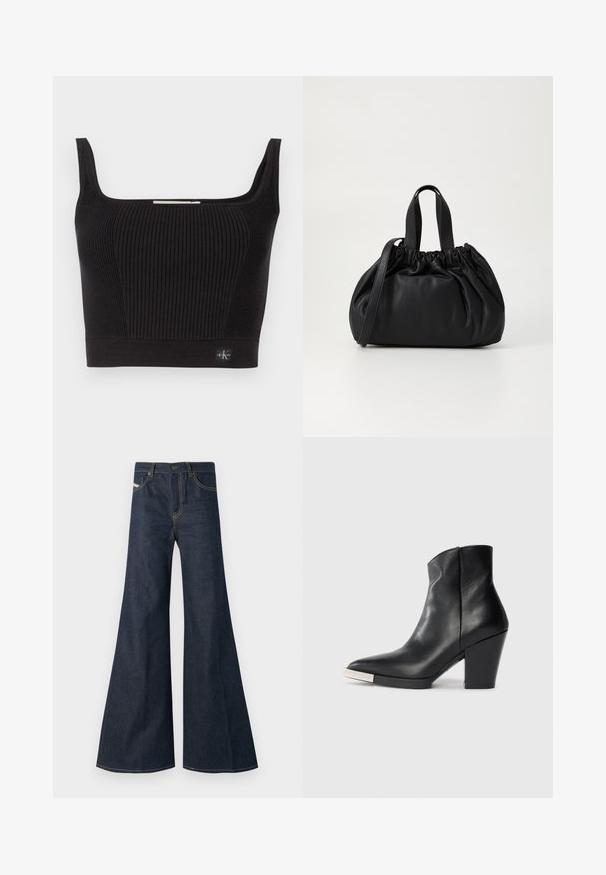 Black ribbed crop top with wide straps, square neckline, and a fitted design. Features a small logo tag at the bottom left.; Dark blue flared jeans made of denim, featuring a high waist, gold stitching accents, and two front pockets with a button closure.; Black leather ankle boot with a pointed toe, high block heel, and silver toe cap detail. Smooth texture and simple design.; Black leather handbag with a gathered top design, featuring two short handles and a long adjustable strap. Smooth texture, rounded shape.