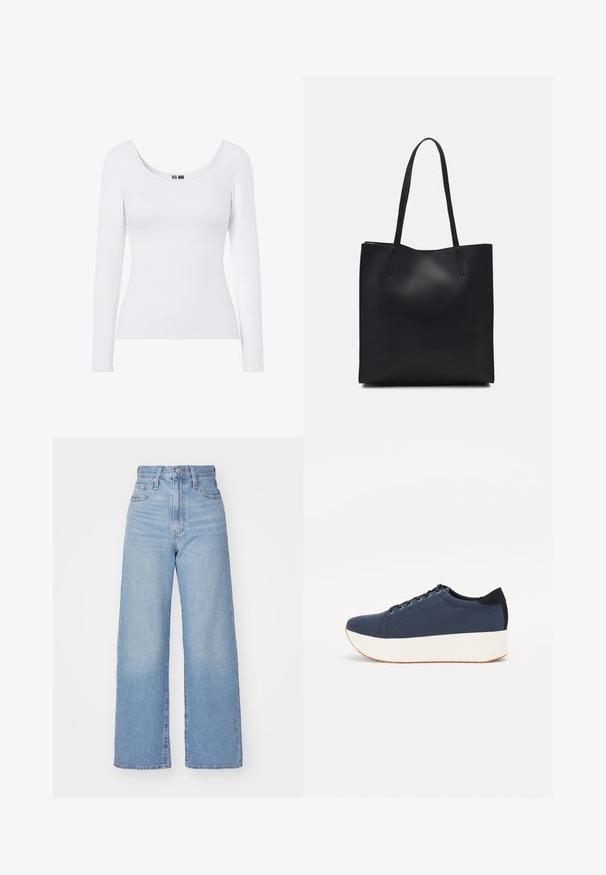 White long-sleeve top featuring a scoop neckline and ribbed texture, designed for a fitted silhouette. No patterns or accents.; Light blue high-waist wide-leg jeans with front button and zip closure, front and back pockets, on a white background.; Navy blue sneaker with a textured fabric upper, white platform sole, rounded toe, and black heel accent. Features six eyelets for laces.; Black leather tote bag with smooth texture, rectangular shape, and two long handles. No visible hardware or embellishments.