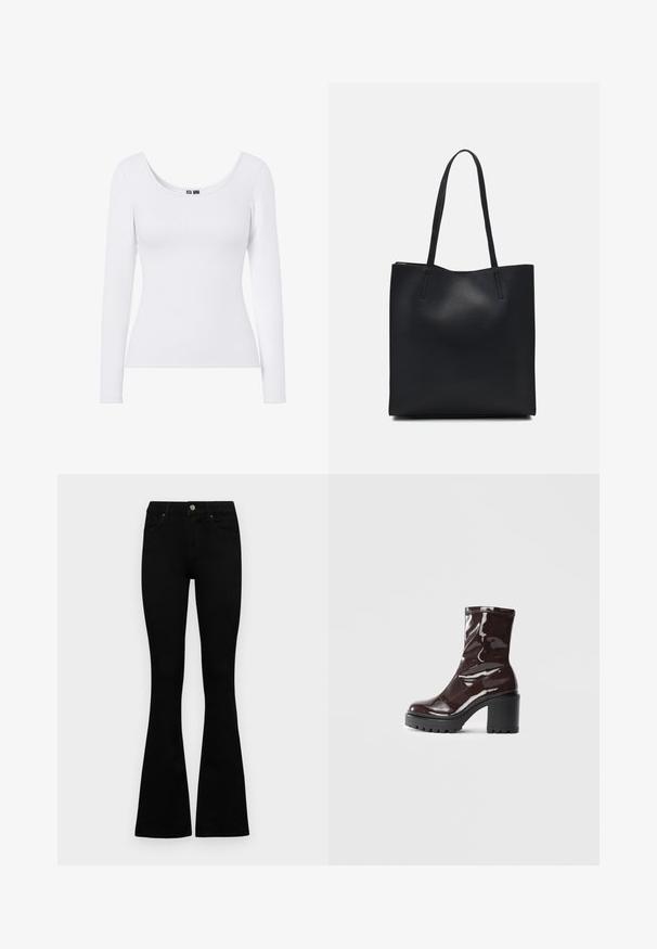 Camisola branca de manga longa com decote em forma de U e textura canelada, desenhada para um silhueta justa. Sem padrões ou detalhes.; Jeans pretos de cintura alta com fecho de botão e zíper, bolsos frontais e pernas largas dispostos em cima de um fundo branco.; Bota de tornozelo burgundy brilhante com um salto preto robusto, apresentando uma textura suave e um design simples. Sem fechos ou padrões visíveis.; Bolsa tote preta em couro com textura lisa, forma retangular e duas alças longas. Sem hardware ou enfeites visíveis.