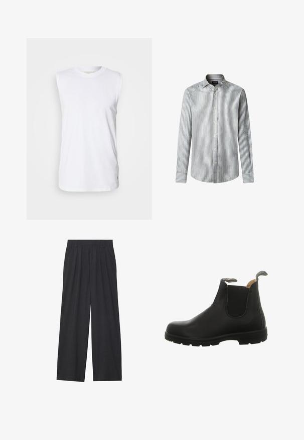 Top de algodón blanco sin mangas, con escote redondo y una sutil etiqueta tejida en el dobladillo. Textura suave, corte holgado y diseño simple.; Camisa de botones a rayas, de manga larga, con rayas verticales en azul claro, azul marino y blanco, con un cuello clásico y ajuste regular.; Pantalones de pierna ancha hechos de tela gris oscura. Cuenta con pliegues en la cintura, un diseño a medida y una silueta recta.; Bota Chelsea de cuero negro con paneles laterales elásticos, puntera redondeada y suela de goma resistente con tira en el talón para facilitar el calzado.