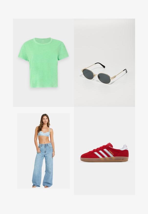 Lühikese varrukaga T-särk helesinises puuvillas, ümarate kaelustega ja veidi vabalt langeva lõikega, millel on tekstuuriga marlaste viimistlus.; Valge pika varrukaga nööbiga särk, mis on valmistatud puuvillast, klassikalise krae ja rinna peal oleva diskreetse logoga, millel on kollased nööbid.; Hele sinine lilleline rinnahoidja, mis on sobitatud laia jala hele sinise denimpüksiga. Mugav istuvus koos lõdva siluetiga ja klassikaline nööpidega kinnitamine.; Punane sametist tennisekes, millel on valge kolmestriibuline disain ja kuldne "Gazelle" tekst. Varustatud kummist tallaga ja tekstureeritud kontsaga.; Kuldmetallilised prillid ovaalsete läätsega ja tumeda tooniga läätsed. Mustad atsetaatkatted käeotsades. Brändi nimi "QUAY" küljes.