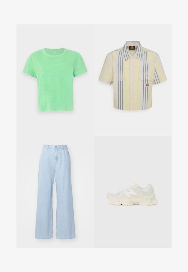 Gaiszaļa kokvilnas t-krekls ar īsām piedurknēm, apaļu dekoltē un nedaudz atvieglotu piegriezumu, ar teksturētu, pelēkā krāsā svītrotu apdari.; Izgriezta īsām piedurknēm krekls gaiši dzeltenā krāsā ar vertikālām zaļām un pasteļtoņu svītrām. Iezīmē divas krūšu kabatas un logo uzšuvumi uz kreisās kabatas.; Gai zilas platā kāju džinsa bikses, ar priekšējiem kabatām, jostu cilpiņām un pogu aizdari. Līdzens audums un glīts apdare.; Vieglas sporta apavus ar sieta un zamšādas augšdaļu maigos krēma tonī, ar masīvu zoli un trīsdimensionāliem akcentiem.