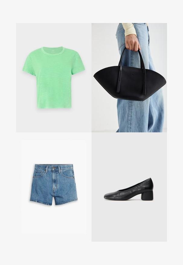 T-shirt s kratkimi rokavi v svetlo zeleni barvi iz bombaža z okroglim izrezom in nekoliko ohlapnim krojem, ki ima teksturiran, meliran videz.; Jeans kratke hlače v svetlo modri barvi, z povezavami za pet žepov, zadrgo in gumbom. Rob je razfrcan, oblikovane so v sproščenem kroju.; Črne usnjene petke z zaobljenim nosom in srednjo blok peto. Gladka tekstura z minimalnimi detajli, ki vključuje subtilno elastično odprtino.; Črna usnjena torbica z edinstveno obliko ventilatorja, z ravnimi ročaji. Površina ima teksturo z drobnimi kamni in minimalističen dizajn.