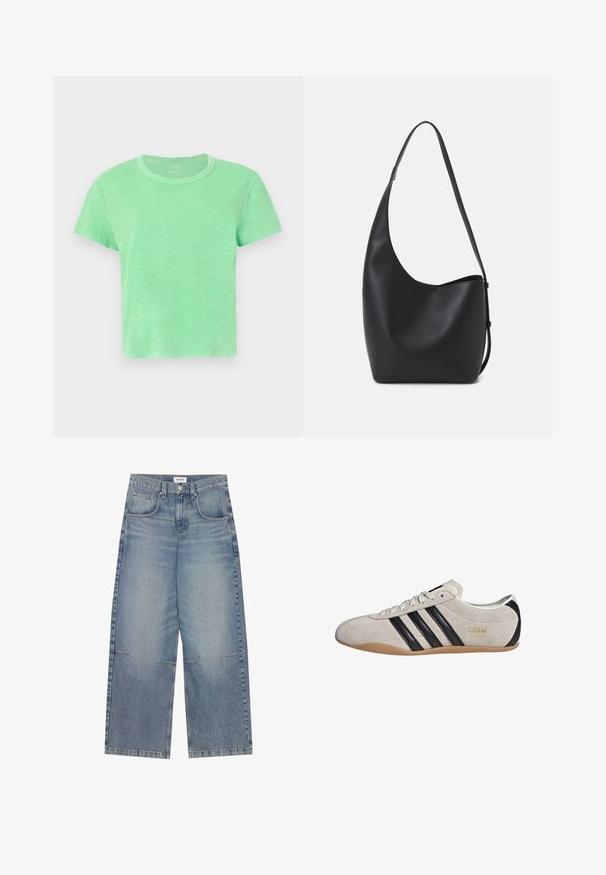 Lyhytnukkainen T-paita vaaleanvihreästä puuvillasta, jossa on pyöreä pääntie ja hieman huoleton istuvuus, ja siinä on teksturoitu, hehkutettu pinta.; Vaaleansiniset leveälahkeiset farkut, jotka on valmistettu denimmateriasta. Farkuissa on korkea vyötärö, viisi taskua ja näkyvät saumat, sekä rento, kulunut viimeistely.; Tennarit mokkanahkaa harmaalla päällä, mustilla raidoilla ja kumipohjalla. Varustettu nauhakiinnityksellä ja kultaisella logo-yksityiskohdalla sivussa.; Musta nahkainen hobo-laukku, jossa on sileä pinta, kaareva muoto ja yksi säädettävä olkahihna; sisäänkäynti on leveä ylhäältä.