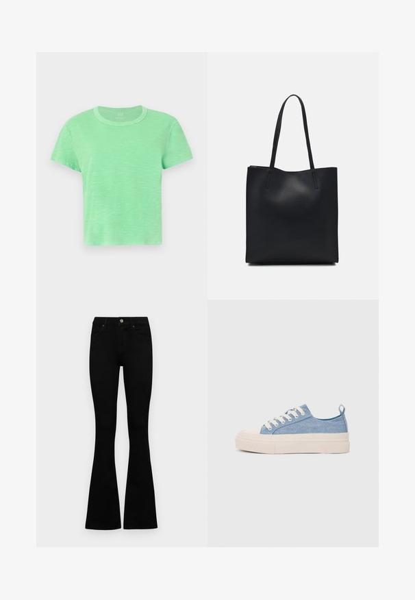 Short-sleeve t-shirt in light green cotton with a crew neckline and a slightly relaxed fit, featuring a textured, heathered finish.; Black high-waist jeans with a button and zip closure, front pockets, and flared legs laid flat on a white background.; Light blue canvas sneakers with a cream rubber toe cap and outsole, featuring white laces and a pull tab on the heel.; Black leather tote bag with smooth texture, rectangular shape, and two long handles. No visible hardware or embellishments.