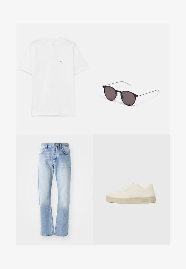 Valge puuvillane t-särk lühikeste varrukatega ja ümar kaelusega, vasakul rinnal on väike must logo. Sujuv tekstuur, lihtne disain.; Heled sinine teksapüksid sirge lõikega. Omab viit taskut, nööpide kinnitust ja pleekinud tekstuuri allosas.; Valged kangast spordijalatsid tekstureeritud kummist tallaga, tükkide õmblusega varbakaitsme ja logo rõhuasetusega kandmisel. Lihtne lipsuga disain.; Mustad mustad prillid tumedate läätsedega ja õhukeste metallist käepidemetega. Kaarja kujuga seljaosa ja hõbedased aktsendid hingel. Minimalistlik disain.