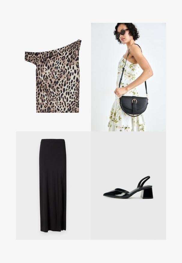 Off-Shoulder-Top aus leichtem Stoff mit einem Leopardenmuster in Brauntönen, Schwarz und Creme; glatte Textur und figurbetonte Form.; Schwarzer Maxikleid-Rock aus weichem, dehnbarem Material. Verfügt über einen Seitenschlitz und ein einfaches, schlankes Design ohne Verzierungen.; Schwarze Lackleder-Slingback-High Heels mit spitzem Schuh und einem geometrischen Blockabsatz. Verfügt über ein schlankes, minimalistisches Design und eine glatte Textur.; Schwarze Lederhandtasche mit geschwungener Form, abnehmbarem Tragegurt und goldenen Beschlägen. Die Tasche verfügt über einen Deckel mit einer Schnallen-Details.