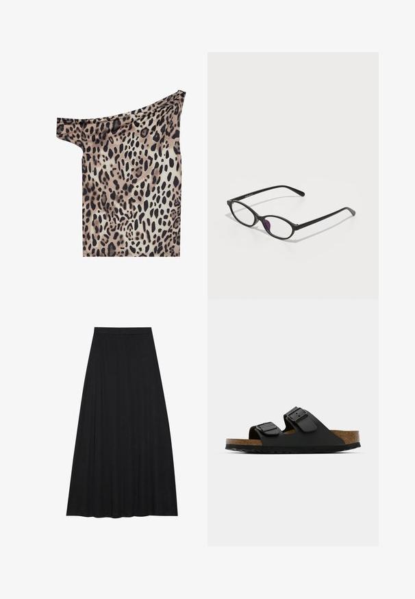 Haut décolleté en tissu léger avec un motif léopard dans des tons de marron, noir et crème ; texture lisse et coupe ajustée.; Jupe maxi noire en tissu doux et fluide. Elle présente une taille élastique et une silhouette évasée en A avec une texture lisse.; Sandale noire à deux brides avec boucles ajustables, semelle en liège et semelle extérieure en caoutchouc texturé. Présente un design plat et ouvert pour un enfilage facile.; Lunettes en plastique noir avec une forme ovale, dotées de verres transparents et d'un accent violet sur le verre gauche. Design élégant et minimal.