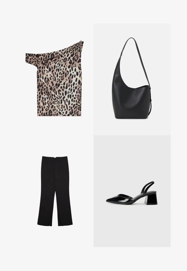 Off-shoulder top in lightweight fabric featuring a leopard print pattern with shades of brown, black, and cream; smooth texture and fitted shape.; Black trousers with a straight fit, featuring front pockets and side slits at the hem. Made of soft, smooth fabric. Suitable for various occasions.; Black patent leather slingback heels with a pointed toe and a geometric block heel. Features a sleek, minimal design and smooth texture.; Black leather hobo bag with a smooth texture, curved shape, and single adjustable strap; features a wide opening at the top.