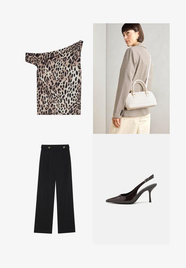 Lengvas audinys, esantis off-shoulder viršutinis, su leopardų raštu, kuriame dominuoja rudos, juodos ir kreminės spalvos; lygus paviršius ir prigludusi forma.; Juodi plačios kojos kelnės su aukštu liemeniu, sagų detalėmis ant liemens ir priekinėmis raukšlėmis.; Blizganti tamsiai ruda lakinės odos aukšto kulno bateliai, smailus nosis, atviros šoninės dalys ir reguliuojamas kulkšnies dirželis.; Balta struktūruota rankinė su trumpomis rankenomis ir peties diržu, su auksinėmis detalėmis ir tekstūruota medžiaga, pastatyta prieš pilką foną.