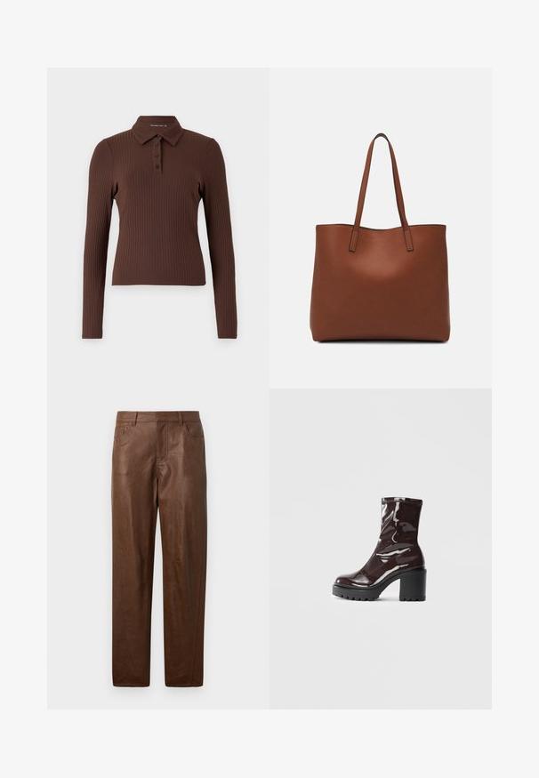 Pruun soontega pikad varrukad polo särk, millel on krae ja kolme nupuga kinnitan. Kangas on tekstuurse viimistlusega.; Pruun nahkpükste siledast kangast, sirge jala disainiga ja kahe küljetaskuga. Omab nähtavaid õmbluse detaile.; Klakav läikiv burgundi värvi pahkluu saabas, millel on paks must konts, sile tekstuur ja lihtne disain. Nähtavad kinnitused või mustrid puuduvad.; Pruun nahast tote-kott, millel on sile tekstuur, avatud ülaosa disain ja kaks õlarihma. Omab minimaalset õmblust ja nähtavat riistvara ei ole.