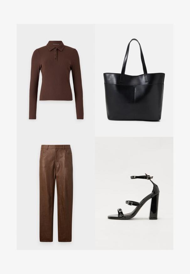 Hnedý rebrovaný polo tričko s dlhým rukávom, ktoré má golier a zapínanie na tri gombíky. Tkanina má textúrovaný povrch.; Hnedé kožené nohavice s hladkou textúrou, rovný strih a dve bočné vrecká. Obsahuje viditeľné švy.; Čierne lakované sandále na podpätku so štvorcovou špičkou, navlečenými remienkami okolo členku a striebornými prackami. Disponujú masívnym blokovým podpätkom pre stabilitu.; Čierna kožená tote taška s dvoma dlhými rúčkami, hladkým povrchom a štruktúrovaným tvarom. Obsahuje prednú kapsu pre dodatočné uskladnenie.