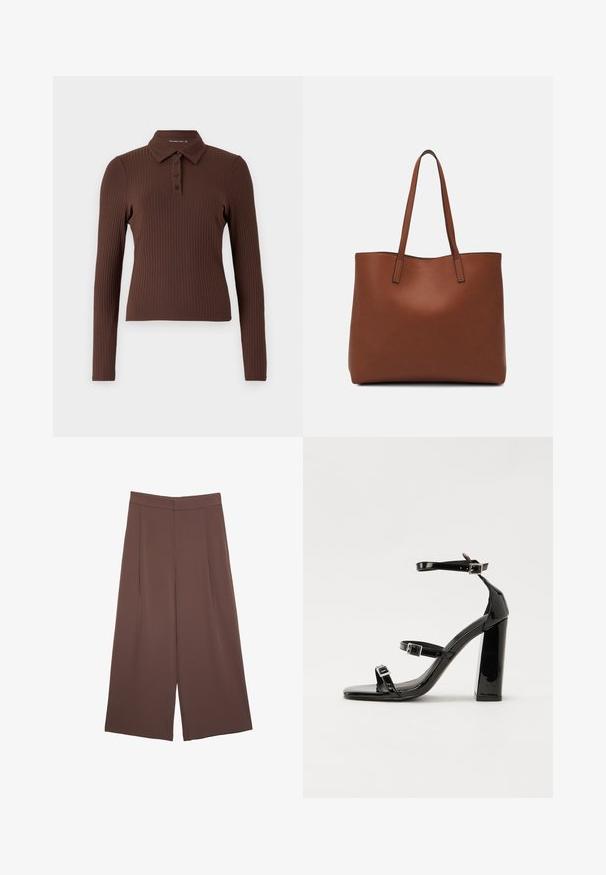 Rjava rebrasta dolga majica s polo ovratnikom in zapenjanjem na tri gumbe. Tkanina ima teksturiran zaključek.; Rjave široke hlače z gladko teksturo, ki imajo visok pas in sprednje naborke. Tkanina je lahka in prosto pada.; Črne lakirane sandale s peto, kvadratnim prstom, trakovi okrog gležnja in srebrnimi zaponkami. Opremljene so s stabilno Debelo peto.; Rjava usnjena torba z gladko teksturo, odprto zasnovo zgoraj in dvema naramnima trakovoma. Opremljena je z minimalnim šivanjem in brez vidnih kovinskih delov.