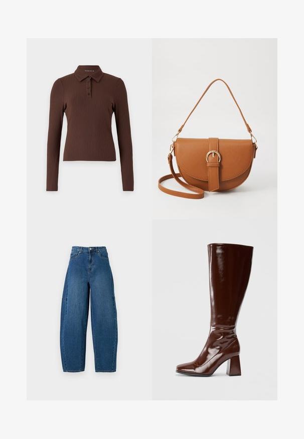 Brūns ribots garās piedurknes polo krekls ar apkakli un trīs pogu aizdari. Audumam ir teksturēta virsma.; Denim bikses vidējā zilā krāsā ar augstu jostasvietu, platām kājām un standarta piecu kabatu dizainu ar redzamām šuvju detaļām.; Cēloji līdz ceļiem brūni laku ādas zābaki ar kvadrāta purngalu, spīdīgu apdari un masīvu papēdi stabilitātei. Bezšuvju dizains bez redzamām detaļām.; Brūns ādas plecu soma ar izliekta formu, zelta piederumiem un sprādzes akcentu. Iesaiņota ar noņemamu plecu siksnu.