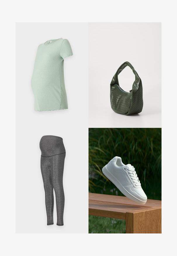 Mündroheline ribilline raseduse t-särk lühikeste varrukatega, ümmargune kaelus ja kaardus allserv, disainitud mugavuseks raseduse ajal.; Rasedus leggings venivast metallikmustast kangast. Kõrge vöökoht mugavuse jaoks, sujuv istuvus jalgades ning sile tekstuur.; Valged sneakerd, millel on sile sünteetiline ülemine osa, väikeste aukudega varvaskast, lamedad paelad ja tekstuuriga tald, eksponeeritud puidust pinnal.; Roheline kudumistehnika nahkfolk, millel on kõver käepide ja tõmblukuga sulgemine. Omab tekstureeritud, mustrilist pinda ja pehmet, lokkis kuju.