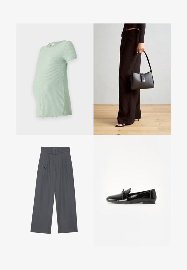 Mintgrønt ribbet graviditetst-shirt med korte ærmer, rund halsudskæring og buet kant, designet til komfort under graviditeten.; Breddebenede bukser i mørkegrå stof med bælte, der har forskydninger foran og en glat tekstur. Ingen yderligere mønstre eller accenter.; Sort laklæder loafers med flad sål, rund tå og en dekorativ rem med en guld-tonet accent. Glat, blank finish.; Sort håndtaske med struktureret form, glat overflade og metalspænde. Sammen med brede sorte bukser og sandaler med åben tå på trægulv.