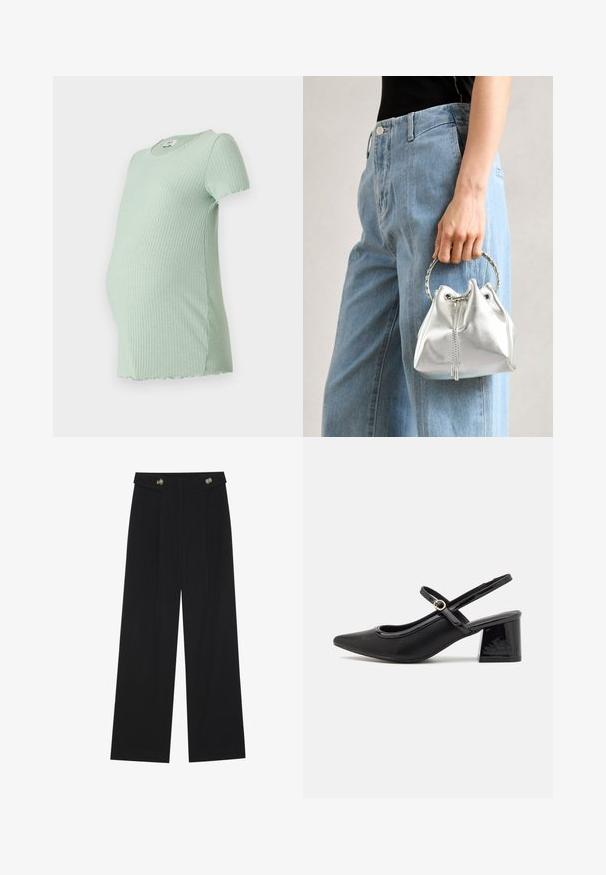 Miętowa, żeberkowana koszulka ciążowa z krótkimi rękawami, okrągłym dekoltem i zakrzywionym dołem, zaprojektowana z myślą o komforcie podczas ciąży.; Czarne szerokie spodnie z wysokim stanem, z detalami w postaci guzików na pasku oraz plisami z przodu.; Czarne lakierowane czółenka na słupku ze spiczastym noskiem, lekko zaokrąglonym wycięciem i obcasem w kształcie bloku. Posiadają złotą klamrę jako akcent dekoracyjny.; Metaliczna srebrna torba typu bucket z teksturowanym wykończeniem, ozdobiona okrągłym srebrnym uchwytem i zaciąganym zapięciem, trzymana na tle jasnoniebieskich dżinsów.