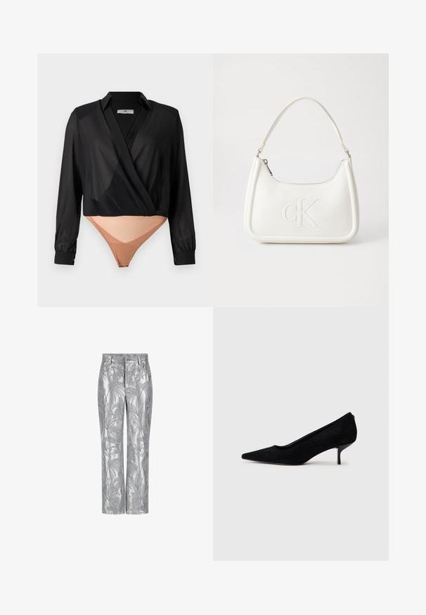 Musthave läbipaistev must pluus, millel on pikad varrukad, koos nahavärvi bodysuit'iga. Omab kraed ja istuvaid mansette. Sile tekstuur.; Hõbedaste tikanditega püksid, millel on lehe muster, sirge sääre disain ja sile, läikiv tekstuur. Funktsionaalsed taskud ja nööpkinnitus.; Must musta kõrge kontsaga king, millel on terav varvas ja õhuke, madal konts. Sile tekstuur ja sujuv disain, ilma nähtava riistvarata.; Valge nahast käekott, millel on kumer kuju, esiküljel on reljeefne "CK" logo ja üks õlavarre rihm. Ülemine tõmblukkuu.
