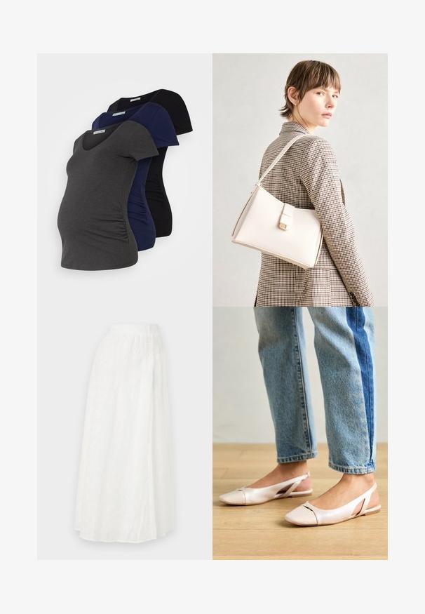 Trīs grūtniecības T-krekli tumši pelēkā, jūras zilos un melnā krāsā, ar V veida kaklu, īsām piedurknēm un saplacinātām sānu šuvēm, lai nodrošinātu stiepšanu.; Balta maksi svārki ar elastīgu jostasvietu, ar teksturētu ziedu rakstu un mežģīņu līdzīgām izgriezumiem visā audumā.; Bālti rozā siksniņu dzīvokļi ar smailu purngalu, izgatavoti no gludas ādas līdzīgās materiāla. Iezīmē izgriezumu detaļas sānos un platu papēdi.; Balta ādas rokassoma ar strukturētu dizainu, kurai ir magnētiska aizdare un plecu josta, parādīta uz neitrāla fona.