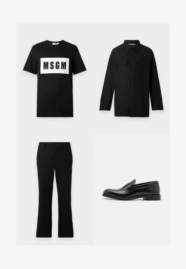 Tricou din bumbac negru cu mâneci scurte, având un logo rectangular alb cu „MSGM” scris cu litere mari negre pe față.; Cămașă neagră, cu guler, mâneci lungi, două buzunare pe piept cu clapete și o linie dreaptă la tiv. Fabricată dintr-un material fin.; Pantaloni negri evazați dintr-un amestec de bumbac, având închidere cu nasture, cleme pentru curea și o textură netedă, fără modele vizibile.; Mocasini din piele neagră cu o textură netedă, vârf rotund și o curea decorativă peste partea superioară. Toc mic, design minimalist.