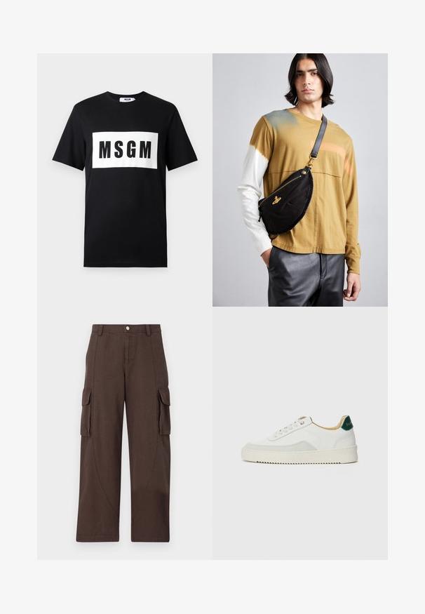 Juodas medvilnės marškinėliai trumpomis rankovėmis, su baltu stačiakampiu logotipu, kuriame didžiosiomis juodomis raidėmis parašyta "MSGM" priekyje.; Han Kjøbenhavn CARGO TROUSERS - Kareiviško stiliaus kelnės - dark brown; Baltos sportbačiai su zomšos akcentais, apvaliu nosiu, plokščiais raišteliais ir kreminės spalvos guminiu padu. Ant kulno yra žalia ženklinimo detalė.; Vivienne Westwood CITY BUMBAG UNISEX - Diržinis krepšelis - black