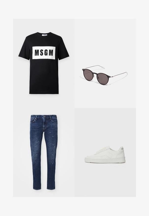 Černé bavlněné tričko s krátkým rukávem, na přední straně s bílým obdélníkovým logem s nápisem "MSGM" v tučných černých písmenech.; Tmavě modré džíny s úzkým střihem, které mají skvrny od barvy, viditelné švy a standardní pětikošíkový design. Rovný střih nohavic.; Bílé kožené tenisky s hladkým povrchem, kulatou špičkou, plochými tkaničkami a texturovanou podrážkou. Na patě se nachází nenápadné logo.; Černé kulaté sluneční brýle s tmavými skly a tenkými kovovými nohami. Obsahují průhledné koncovky nožiček a stříbrné akcenty na pantu. Minimalistický design.