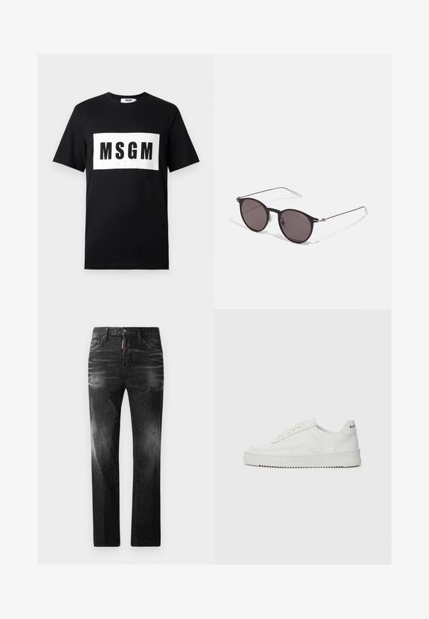 Tricou din bumbac negru cu mâneci scurte, având un logo rectangular alb cu „MSGM” scris cu litere mari negre pe față.; Jeans din denim negru cu o croială dreaptă. Au zone decolorate, ușoare uzuri, design clasic cu cinci buzunare și închidere cu buton.; Sneakers din piele albă cu un finisaj neted, vârf rotund, șireturi plate și o talpă texturată. Prezintă un logo subtil pe călcâi.; Ochelari de soare negri rotunzi cu lentile întunecate și brațe metalice subțiri. Include vârfuri transparente pentru brate și accente argintii la balama. Design minimalist.