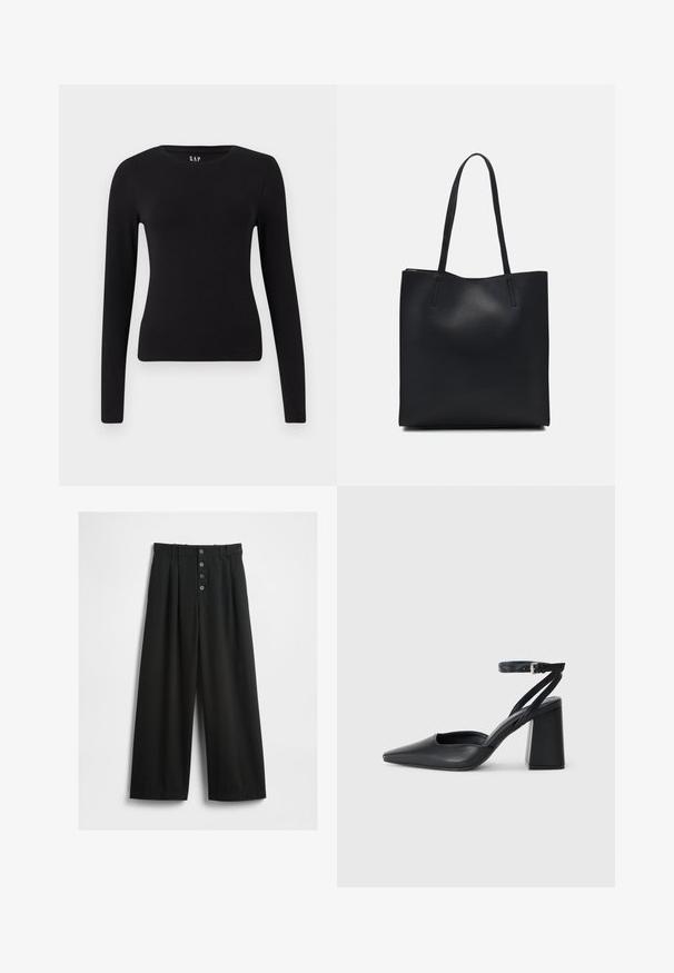 Musta pitkähihainen istuva pyöreäkauluspaita suoraan helmalla, esitelty valkoisella taustalla.; Leveled mustat housut, jotka on valmistettu teksturoidusta kankaasta. Ominaisuuksiin kuuluu korkea vyötärö, viiden napin etukiinnitys ja puristettu taitteet lisäyksinä yksityiskohtina.; Mustat nahkakengät, joissa on kapea kärki, nilkkaremmi ja paksu korko. Tasainen pinta, tyylikäs muotoilu ja minimalistinen estetiikka.; Mustapahkainen kangaskassi, jossa on sileä pinta, suorakaiteen muotoinen ja kaksi pitkää kahvaa. Ei näkyvää metalliosaa tai koristeita.