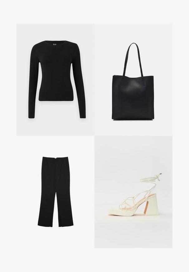 Schwarzes, langärmliges, eng anliegendes Rundhals-T-Shirt mit geradem Saum, präsentiert vor einem weißen Hintergrund.; Schwarze Hose mit geradem Schnitt, ausgestattet mit Fronttaschen und Seitenschlitzen am Saum. Hergestellt aus weichem, glattem Stoff. Geeignet für verschiedene Anlässe.; Weiße High-Heel-Sandale mit einem klobigen Absatz, die über ein Riemchendesign und ein Knöchelband verfügt. Glatte Textur mit einer Plattform vorne für zusätzliche Höhe.; Schwarze Laptoptasche aus Leder mit glatter Textur, rechteckiger Form und zwei langen Griffen. Keine sichtbaren Beschläge oder Verzierungen.