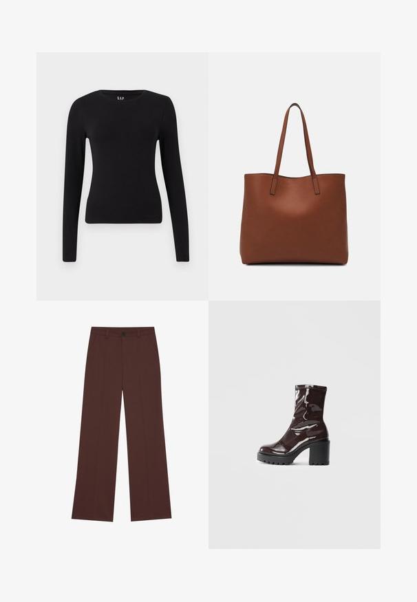 Svart langermet tettsittende T-skjorte med rund hals og rett kant, vist på hvit bakgrunn.; Bredde benbukser i en rik brun stoff. Har knappelukking, to frontlommer, glatt tekstur og rene linjer.; Glinsende burgunder ankelstøvel med en kraftig svart hæl, med en glatt tekstur og enkelt design. Ingen synlige lukkinger eller mønstre.; Brun lær tote veske med en jevn tekstur, åpen toppdesign og to skulderstropper. Har minimal søm og ingen synlige spiker.