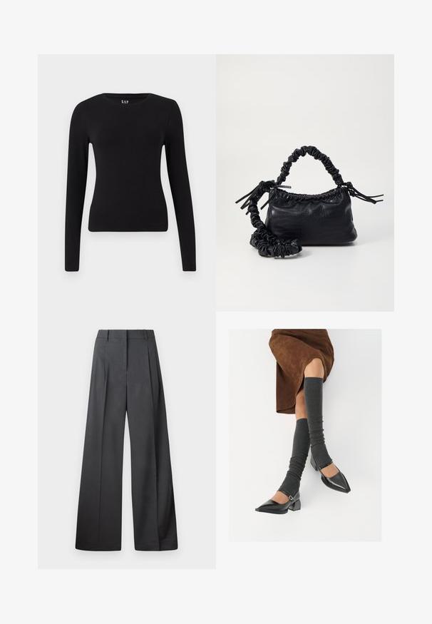 Crna dugoračna majica s prilagođenim krojem i ravnim rubom, prikazana na bijeloj pozadini.; Hlače širokih nogavica u tamnosivoj tkanini, s visokim strukom, jednim naborom i glatkom teksturom s urednim završetkom na rubovima.; Crne lakirane cipele s šiljastim prstima, blok-petom i remenom oko gležnja, uparene s sivim rebrastim čarapama do koljena i smešnom suknjom od antilopa.; Crna torba od umjetne kože s teksturom krokodila, s cinčanim vrhom i naboranom trakom. Izgleda mekano i kompaktno u dizajnu.