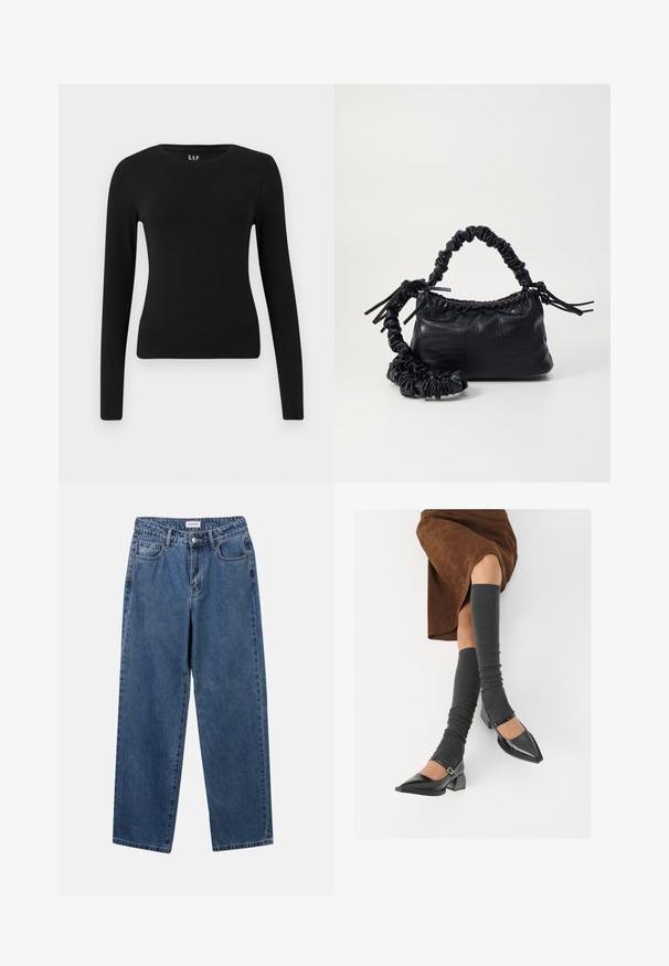 Schwarzes, langärmliges, eng anliegendes Rundhals-T-Shirt mit geradem Saum, präsentiert vor einem weißen Hintergrund.; Klassische blaue Denim-Jeans mit geradem Bein, fünf Taschen und Knopfverschluss. Sie verfügen über eine mittelblau gewaschene Optik und sind aus robuster Textur.; Schwarze lacklederne spitze Schuhe mit Blockabsatz und Knöchelriemen, kombiniert mit grauen gerippten Beinstulpen und einem braunen Wildlederrock.; Schwarze Handtasche aus Kunstleder mit Krokodilstruktur, gerafftem oberen Teil und einem geschoppten Tragegurt. Sie wirkt weich und kompakt im Design.