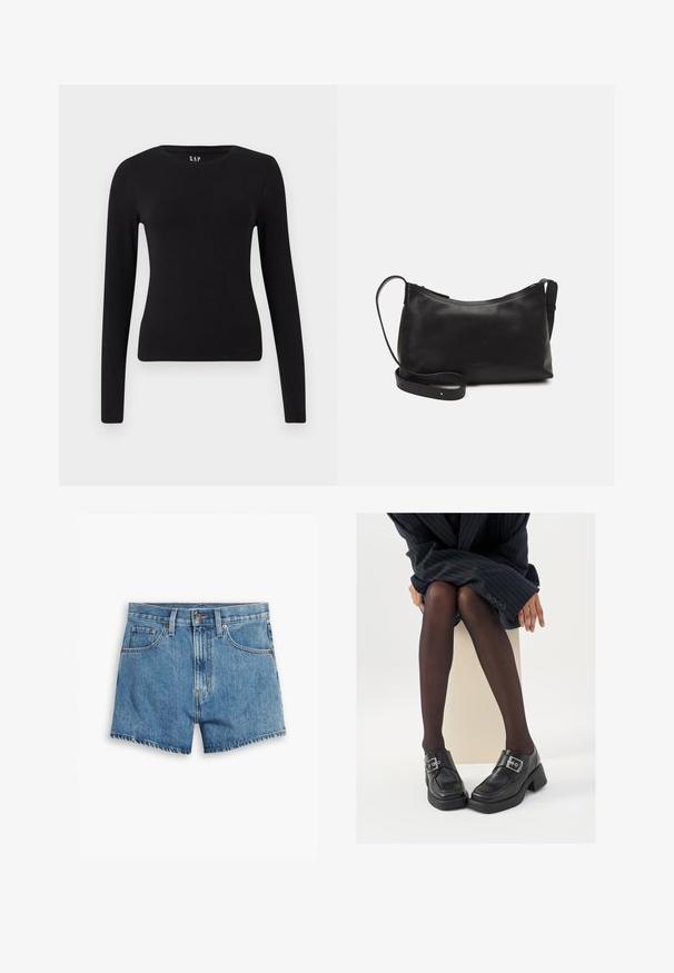 Schwarzes, langärmliges, eng anliegendes Rundhals-T-Shirt mit geradem Saum, präsentiert vor einem weißen Hintergrund.; Hellblaue Denim-Shorts mit fünf Taschen, einem Reißverschluss und einem Knopfverschluss. Der Saum ist fransig und das Design bietet eine lässige Passform.; Schwarze Lederschuhe mit einem klobigen Absatz, silbernem Schnallen-Detail und Mokassin-artiger Naht. Getragen mit durchsichtigen schwarzen Strumpfhosen.; Schwarze Ledertasche für die Schulter mit glatter Textur, geschwungener Form, verstellbarem Tragegurt und Reißverschluss. Minimalistisches Design ohne Verzierungen.