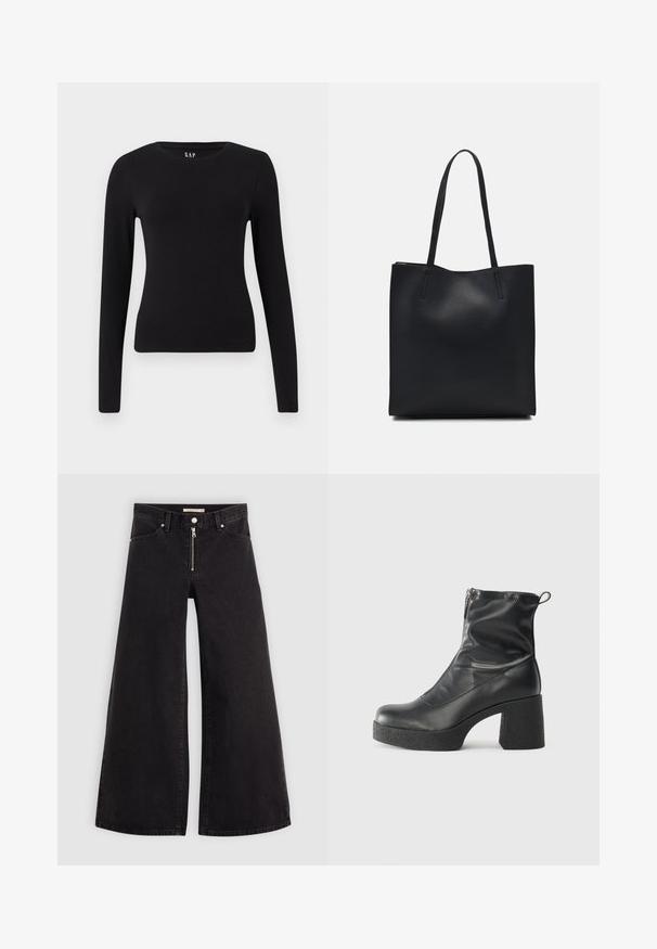 Črna majica z dolgimi rokavi, prilegajočega kroja, s krožnim izrezom in ravnim robom, prikazana na beli podlagi.; Široke traperice iz črnega denima z zadrgo spredaj, petimi žepi in diskretnimi šivi. Gladka tekstura in ležeren slog.; Črne gležnjarje iz gladke kože z božnim zadrgo, masivnim teksturiranim peto in zaobljeno obliko prstov.; Črna usnjena torba s svilnato teksturo, pravokotne oblike in dvema dolgima ročajema. Brez vidnih metalnih delov ali okrasnih elementov.