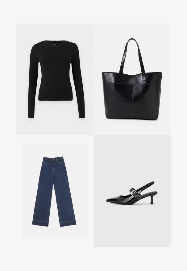 Schwarzes, langärmliges, eng anliegendes Rundhals-T-Shirt mit geradem Saum, präsentiert vor einem weißen Hintergrund.; Weite Jeans in dunkelblauem Denim. Verfügt über fünf Taschen, Gürtelschlaufen und einen rohen Saum am unteren Ende mit sichtbaren Nahtdetails.; Schwarze Lackleder Slingback-Absätze mit spitzem Zeh und kleinem Blockabsatz, ausgestattet mit einem silbernen Schnallenakzent am Riemen.; Schwarze Leder-Shopper-Tasche mit zwei langen Griffen, einer glatten Textur und einer strukturierten Form. Verfügt über eine Vordertasche für zusätzlichen Stauraum.