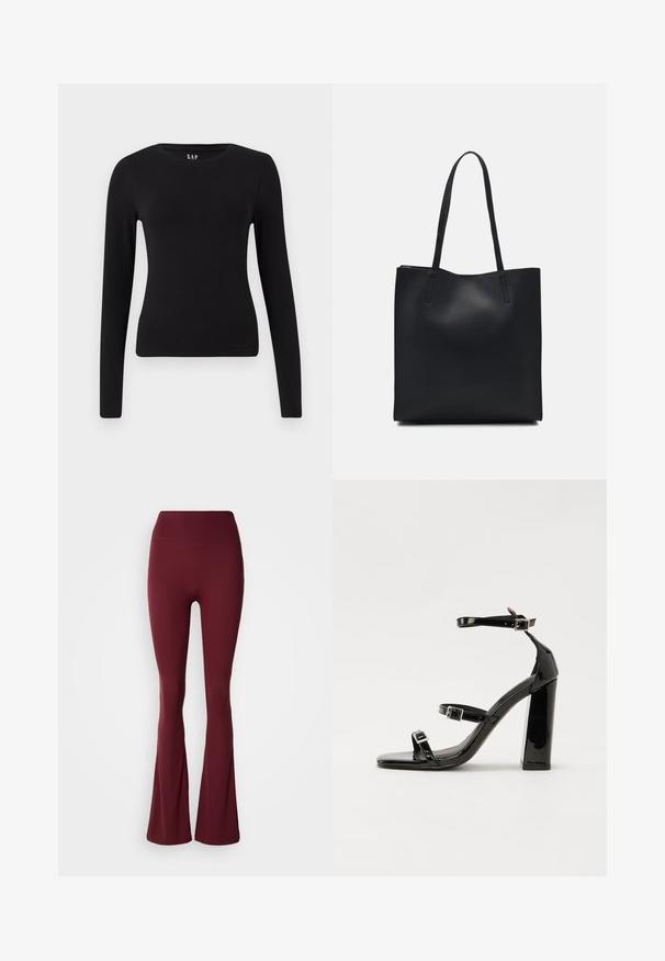 Svart langermet tettsittende T-skjorte med rund hals og rett kant, vist på hvit bakgrunn.; Høy midje, dype røde leggings med en tettsittende lår og utvidet leggdesign på en nøytral bakgrunn.; Svart høyglans sandaler med hæl, firkantet tå, ankelremmer og sølvspenner. Har en kraftig blokkhæl for stabilitet.; Svart lær tote bag med glatt tekstur, rektangulær form og to lange håndtak. Ingen synlige deler eller dekorasjoner.