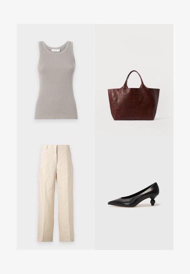 Pelēka ribota topa krekls ar apaļu dekoltē un platām plecu siksnām. Tam ir maiga tekstūra un pieguļošs dizains. Redzama zīmola etiķete.; Bežīgas lina bikses ar brīvu piegriezumu, krokām priekšā un taisnām kājām. Piedāvā jostu ar cilpiņām un bez redzamām kabatām.; Melnas ādas augstpapēžu kurpes ar smailu purngalu un apaļu papēdi. Gluda tekstūra ar elegantu, minimālistisku dizainu.; Brūna ādas soma ar gludu faktūru, plašu korpusu un divām īsām rokturiem. Iespējo minimāla šuvju, nav redzamu metāla detaļu vai akcentu.