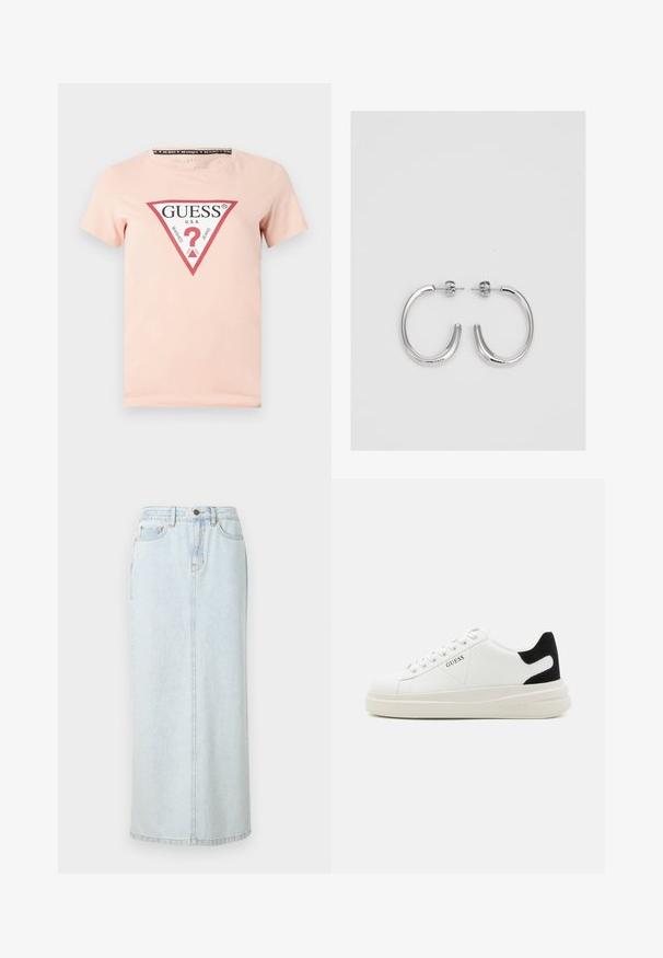 Roza bombažna majica s krožnim izrezom, ki ima velik rdeč trikotni логotip z belim besedilom in obliko vprašaja v središču.; Svetlo modra denim maxi krila s ravnim dizajnom, sprednjim gumbom in vidnim šivom. Ima dva sprednja žepa.; Bele usnjene športne copate z debelim belim podplatom, črnimi semišnimi detajli na peti in utisnjenim logotipom na strani. Zavezovanje s šestimi luknjicami.; Srebrne obročaste uhane z gladko, sijočo površino. Zaobljena oblika, lahka zasnova, z zapiranjem na zatič.