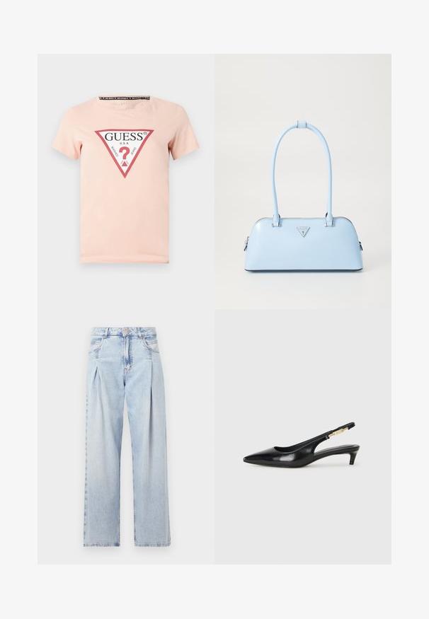 Pink cotton t-shirt with a round neck, featuring a large red triangular logo with white text and a question mark design in the center.; Light blue denim jeans with a high waist, wide-leg cut, two side pockets, and pleated design feature. Soft texture with a faded finish.; Black leather slingback heels with a pointed toe, featuring a slim heel and a gold-tone accent on the adjustable strap. Smooth texture.; Light blue handbag with a structured shape, smooth leather material, two handles, and a triangular brand logo on the front. Zippered closure.