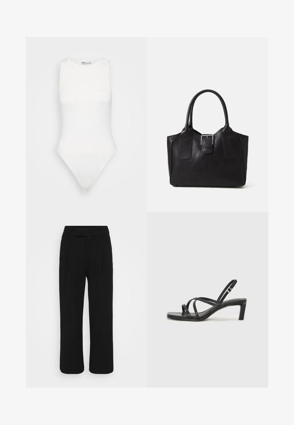 Bodysuit blanc sans manches avec un col montant et une coupe string. Texture lisse et silhouette ajustée conçue pour un look près du corps.; Pantalon large noir fabriqué dans un tissu lisse, avec une taille plate, des passants de ceinture et sans poches visibles. Design épuré et ajusté.; Sandale noire à lanières avec un bout carré et un petit talon bloc. Elle présente plusieurs fines lanières et une sangle de cheville ajustable. Fabriquée en cuir lisse.; Sac fourre-tout en cuir noir avec une texture lisse, une forme structurée, deux poignées et un détail en boucle argentée proéminent à l'avant.
