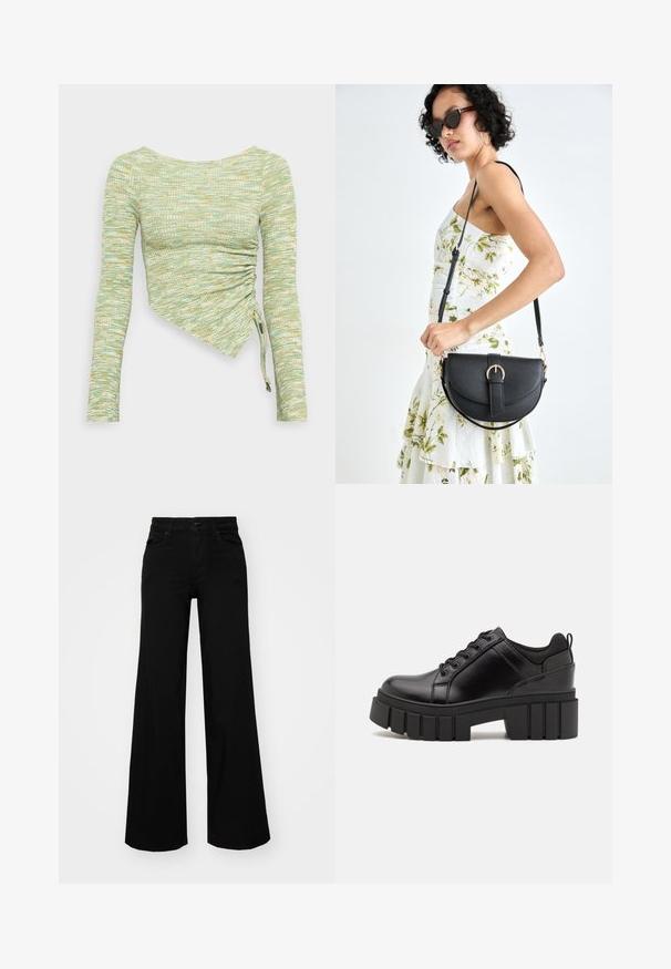 Pika-sleeve topp, mis on valmistatud tekstureeritud mündiroheline ja kollane riie, millel on asymmeetriline lõige, külgmised kokkuvõtud ja seotud äär.; Mustad mustad püksid, mis on valmistatud denimist, struktuurse vöökohtade, vöökootidega ja esikottidega. Sile tekstuur klassikalise disainiga.; Must musta platvormsussid paksu plokkninal, ümmarguse varbaga ja traditsioonilise nööridega kinnitamisega. Sussid on sileda tekstuuriga ja minimaalsete detailidega.; Mustmust mustraha kõverate joontega, eemaldatava rihmaga ja kuldsete detailidega. Kotil on klapp, millel on pandladetail.