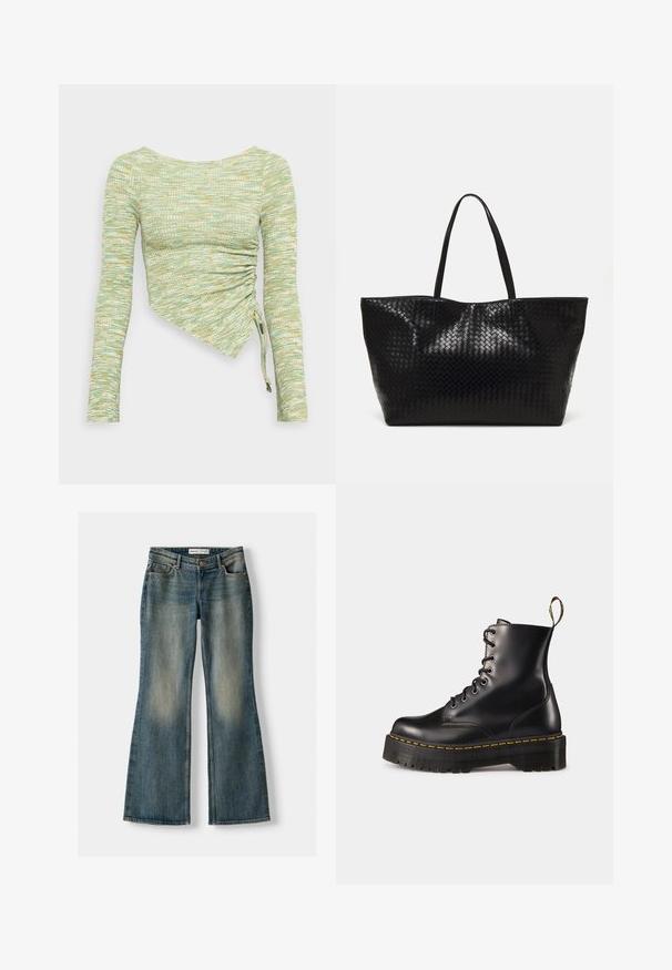 Langarmshirt aus strukturiertem mintgrünem und gelbem Stoff, mit einem asymmetrischen Schnitt, seitlicher Raffung und Bindebändern am Saum.; Blaue Schlagjeans mit einem ausgewaschenen Look, fünf Taschen und einem Knopfverschluss. Das Material zeigt eine Denim-Textur mit dezenten Stickdetails.; Schwarze Leder-Schnürstiefel mit knöchelhohem Schaft, einer robusten schwarzen Sohle und gelben Nähten. Verfügt über eine Lasche hinten und runde Metallösen.; Schwarze geflochtene Tragetasche mit zwei stabilen Griffen, die eine glänzende Textur und ein geräumiges offenes Design bietet.