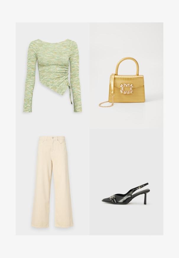 Pika-sleeve topp, mis on valmistatud tekstureeritud mündiroheline ja kollane riie, millel on asymmeetriline lõige, külgmised kokkuvõtud ja seotud äär.; Bežid laiad teksad, mis on valmistatud puuvillast. Omab nööbilukku, vöökohakujusid ja eesmine taskuid, millel on sile ja pehme tekstuur.; Must musta nahk kingad sanga ja terava ninaga, ankle strapidega, millel on hõbedased pandlad ja riistvara ning õhuke konts.; Kollane faux-krokodilli käsipindaga kott, millel on struktureeritud disain, ülemine käepide, eemaldatav kettmass ja dekoratiivne kristallkaunistus klambril.