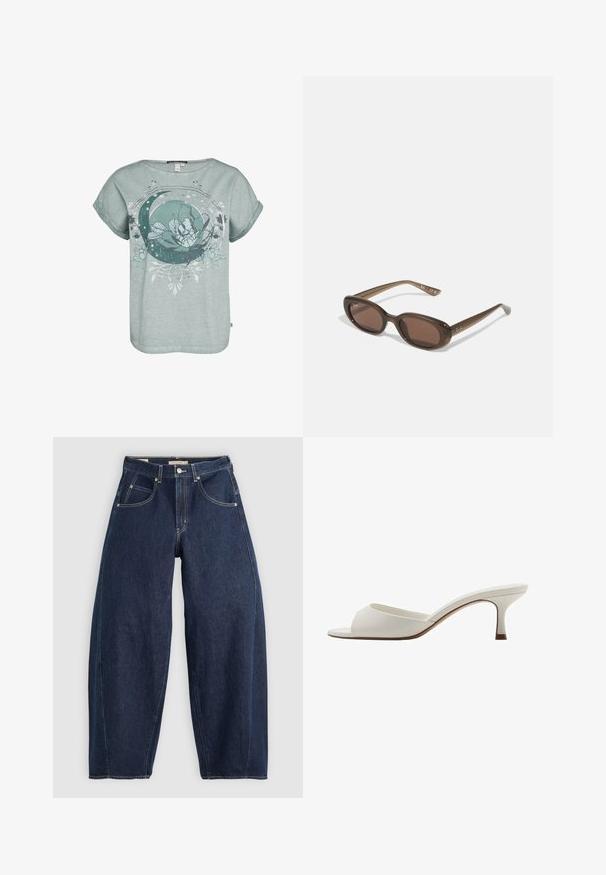 Korte mouwen, lichtgroene t-shirt met een bloem- en halve maan grafiek. Zachte textuur met een relaxte pasvorm en omgerolde mouwen.; Donkerblauwe denim jeans met een losse fit, lichte stiksels, vijf zakken en een knoopsluiting op de taille.; Witte open-toed hoge hakken met een gladde afwerking, minimalistisch ontwerp en een slanke hak, met een subtiele bruine accent op de zool.; Brown ovalen zonnebrillen met donkere lenzen. Het montuur is gemaakt van doorzichtig bruin materiaal en heeft een logo dat op de slapen is gedrukt.; Groeneleren handtas met een gladde textuur, gebogen vorm en gevlochten handvat. Beschikt over een ritsluiting en een verstelbare schouderband.