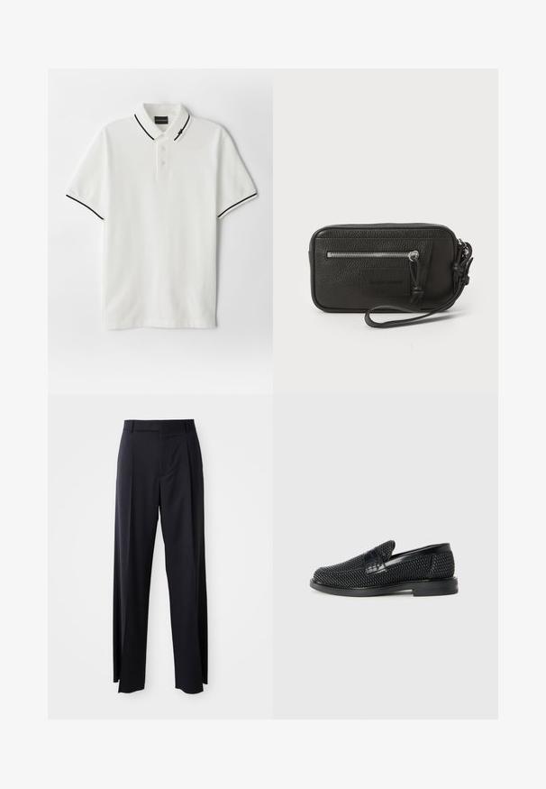 Vit polo skjorta med tre-knapp placket, svart kant på kragen och ärmarna, tillverkad av mjukt bomullstyg. Enkel design, utan mönster.; Svarta, högmidjade byxor med vida ben, gjorda av mjukt tyg. Har framtill veck och bälteshällor. Minimalistisk design, ingen synlig hårdvara.; Svart vävd slip-on sko med en slät läderdetalj på ovansidan, med rund tådesign och en låg gummisula.; Svart läderclutch med texturerad yta, framfickan med dragkedja och avtagbar handledsrem. Har en logotypetikett framtill. Rektangulär form.