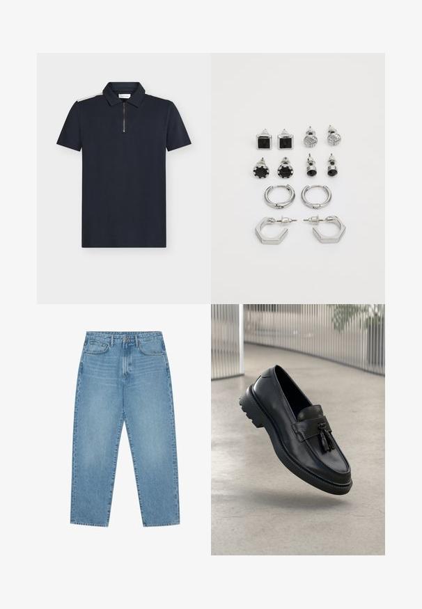 Tamsiai mėlynas polo marškinėlis trumpomis rankovėmis, tekstūruotos medžiagos, su užtrauktuku kaklo detalėje ir kontrastingais baltais akcentais ant pečių.; Šviesiai mėlyni džinsai iš džinsinio audinio, tiesaus kirpimo, su penkiomis kišenėmis ir šiek tiek blukinta tekstūra. Turi sagos ir užtrauktuko užsegimą.; Juodi odiniai bateliai be užsegimo su lygiu paviršiumi, dekoratyvine kutu, stora guminė pado danga ir siūtais akcentais. Lengvi ir elegantiško dizaino.; Sidabriniai auskarai, sudaryti iš dviejų porų apyrankių ir šešių porų įsukamų auskarų, kurie turi įvairias formas ir tekstūras, įskaitant juodus akcentus.